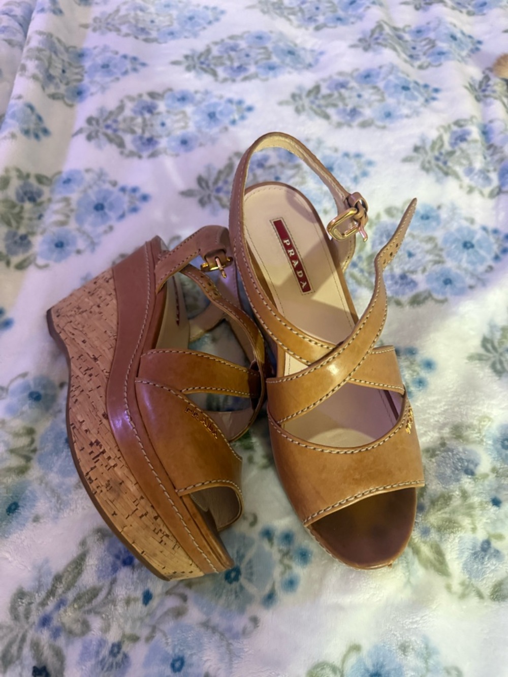 Prada Brown Leather Cork Wedge Sandals